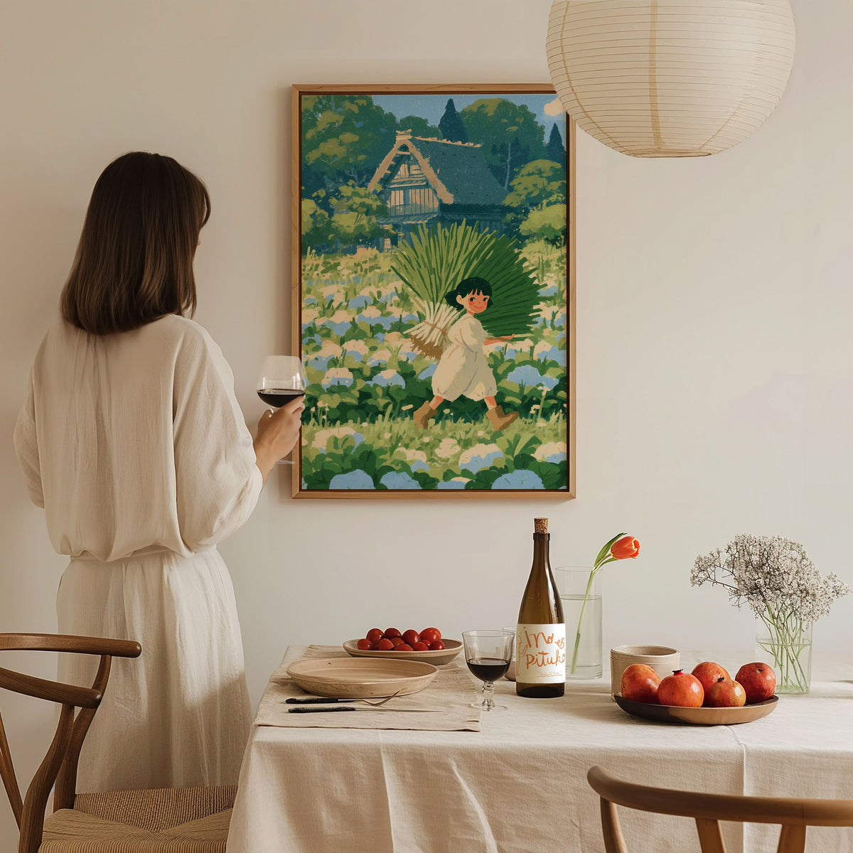 Harvest Walk Home Poster | Blue and Cream Illustrative Art Print | Cottagecore Wall Art — styled in an interior