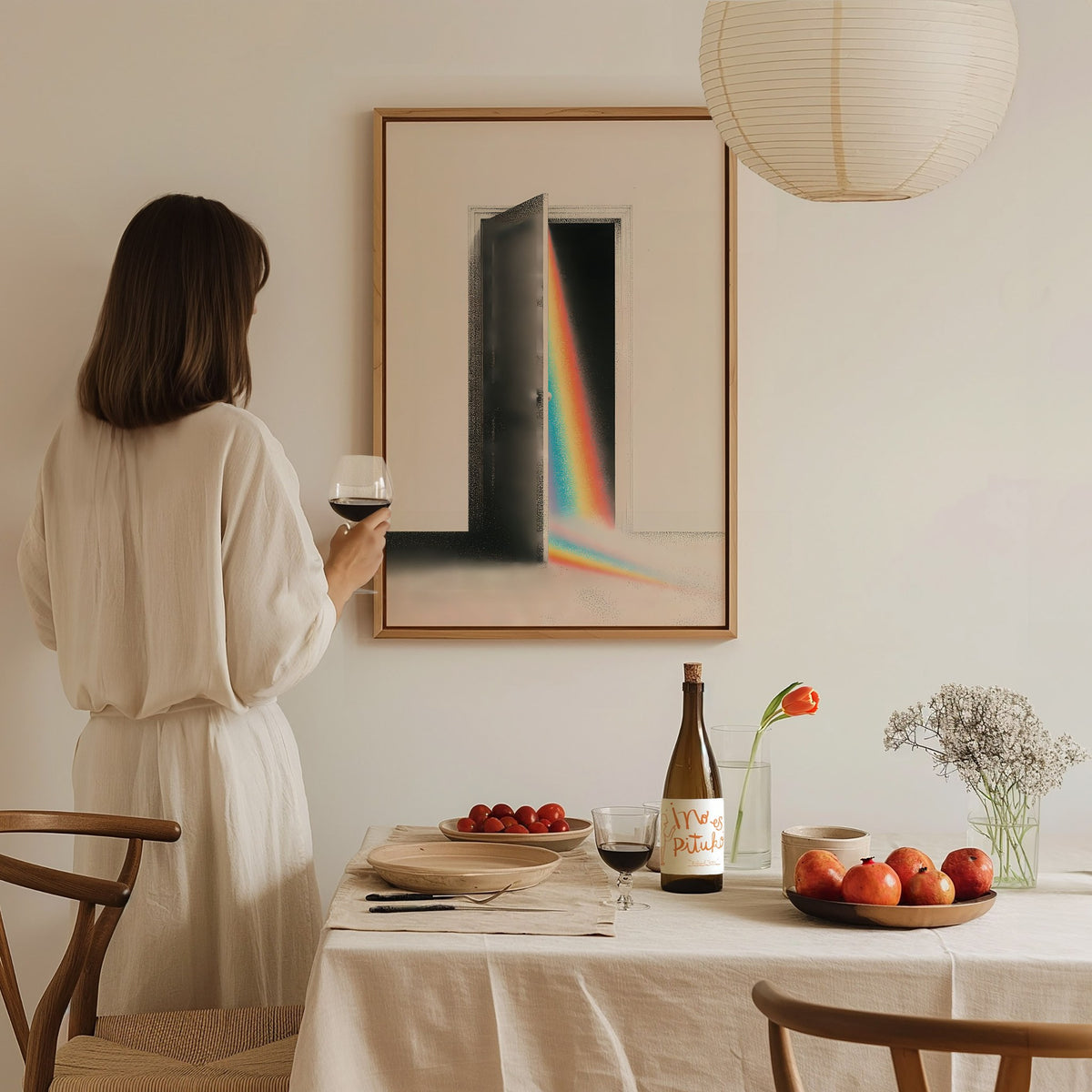 Rainbow Through the Door Poster | Rainbow and Black Pen and Ink Art Print | Mystic Wall Art — styled in an interior