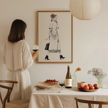 Woman Glances Back Poster | Orange and Cream Pen and Ink Art Print | Fashion Illustration Wall Art — styled in an interior