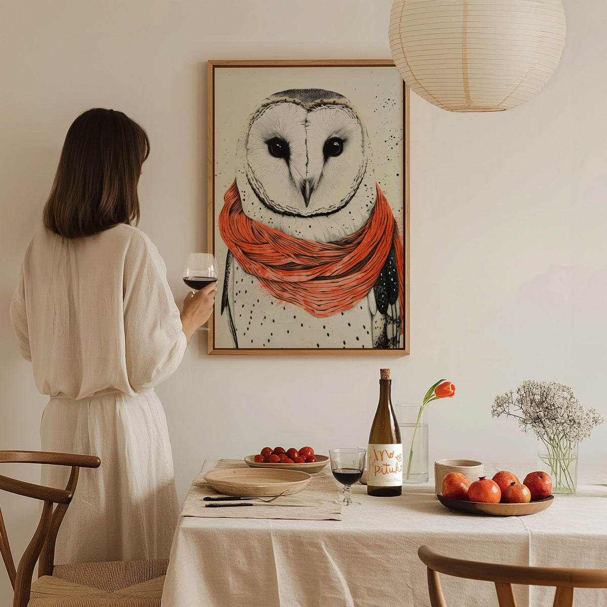 Owl in Scarf Poster | Black and Coral Pen and Ink Art Print | Cottagecore Wall Art — styled in an interior