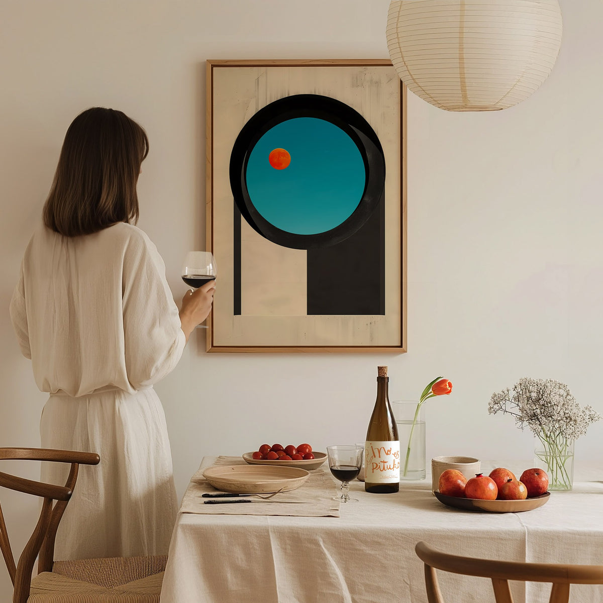 Circular Window Portal Poster | Cobalt and Orange Minimalism Art Print | Minimalist Wall Art — styled in an interior