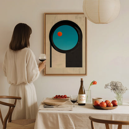 Circular Window Portal Poster | Cobalt and Orange Minimalism Art Print | Minimalist Wall Art — styled in an interior