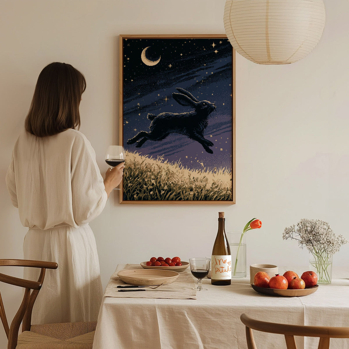 Hare Carries Night Poster | Indigo and Gold Pixel Art Print | Retro Gaming Wall Art — styled in an interior