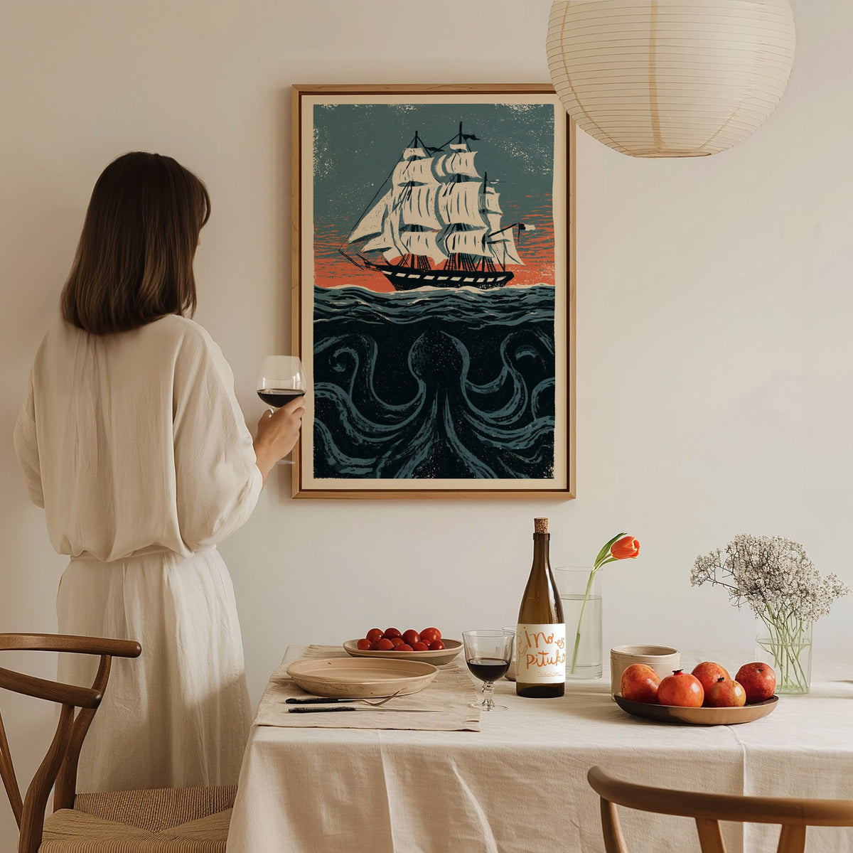 Kraken Under Sail Poster | Teal and Cream Illustrative Art Print | Nautical Folk Art Wall Art — styled in an interior