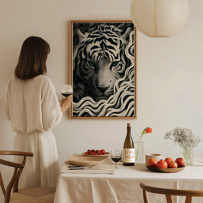 White Tiger Surfaces Poster | Black and Cream Pen and Ink Art Print | Dark Academia Wall Art — styled in an interior