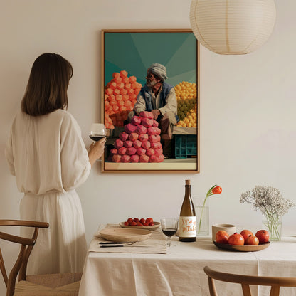 Fruit Seller Waits Poster | Navy and Hot Low Poly Art Print | Kitchen Wall Art — styled in an interior