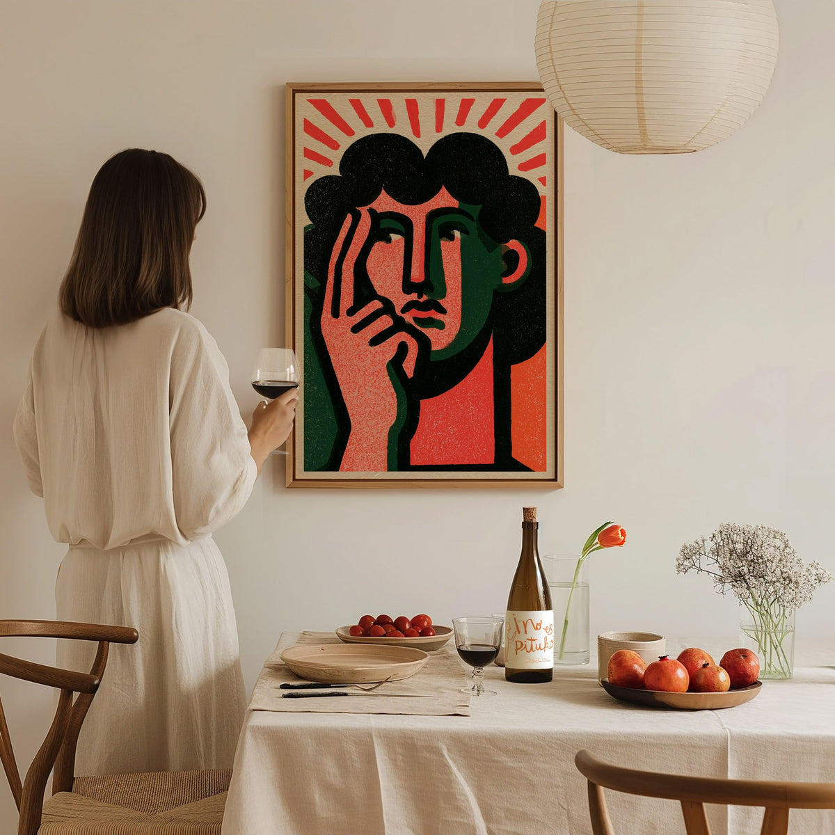 Thinker Touches Temple Poster | Coral and Green Screen Print Art Print | Modernist Wall Art — styled in an interior