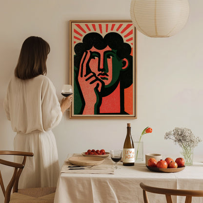 Thinker Touches Temple Poster | Coral and Green Screen Print Art Print | Modernist Wall Art — styled in an interior