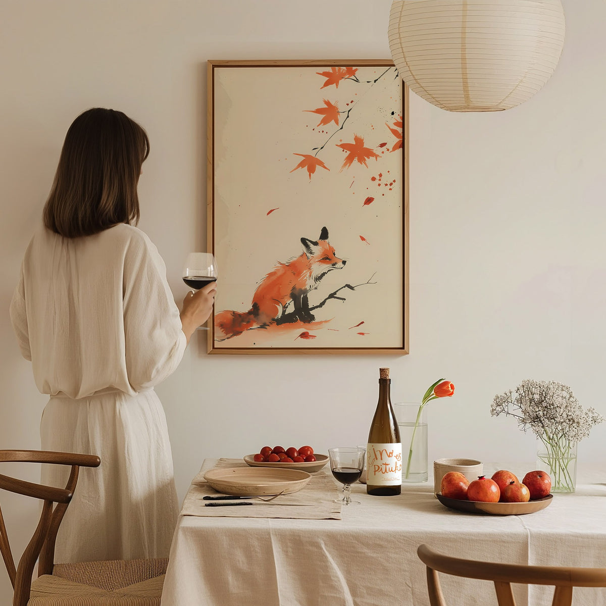 Autumn Visitor Poster | Rust and Sepia Japanese Watercolor Art Print | Minimalist Wall Art — styled in an interior