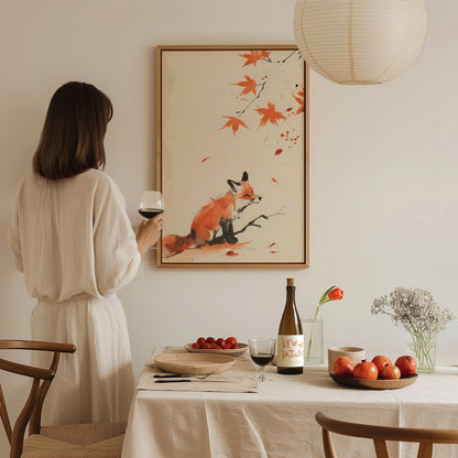 Autumn Visitor Poster | Rust and Sepia Japanese Watercolor Art Print | Minimalist Wall Art — styled in an interior