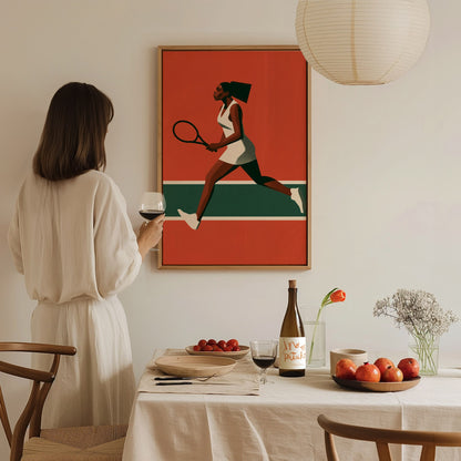 Clay Court Stride Poster | Coral and Green Illustrative Art Print | Tennis Wall Art — styled in an interior