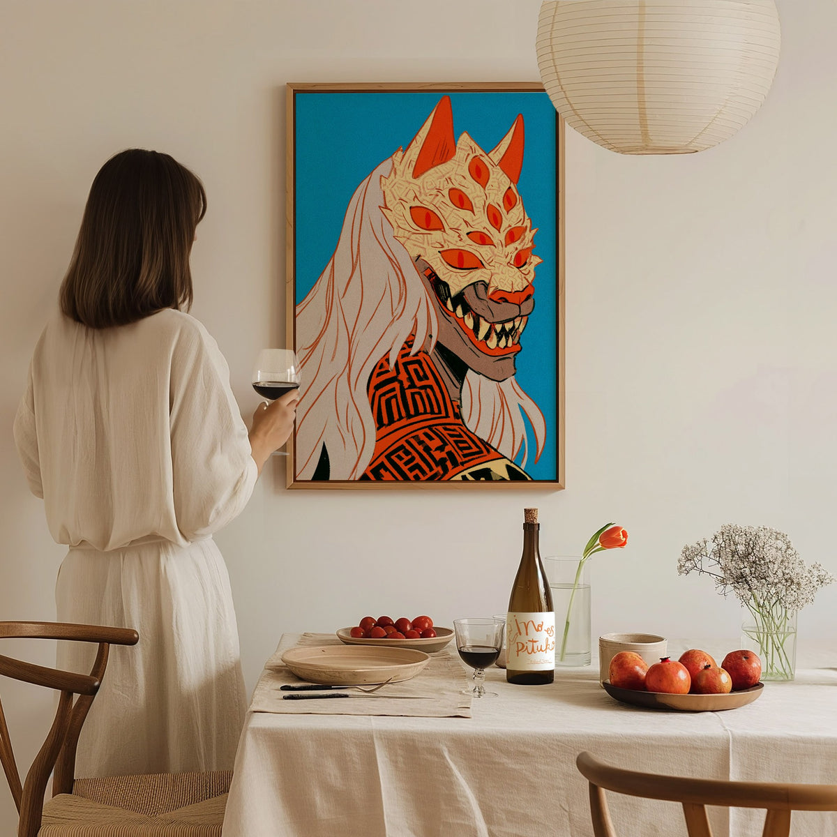 Fox Mask Grin Poster | Orange and Blue Illustrative Art Print | Dark Fantasy Wall Art — styled in an interior