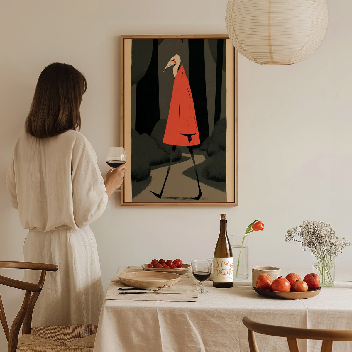 Heron Walks Alone Poster | Coral and Forest Illustrative Art Print | Surreal Wall Art — styled in an interior