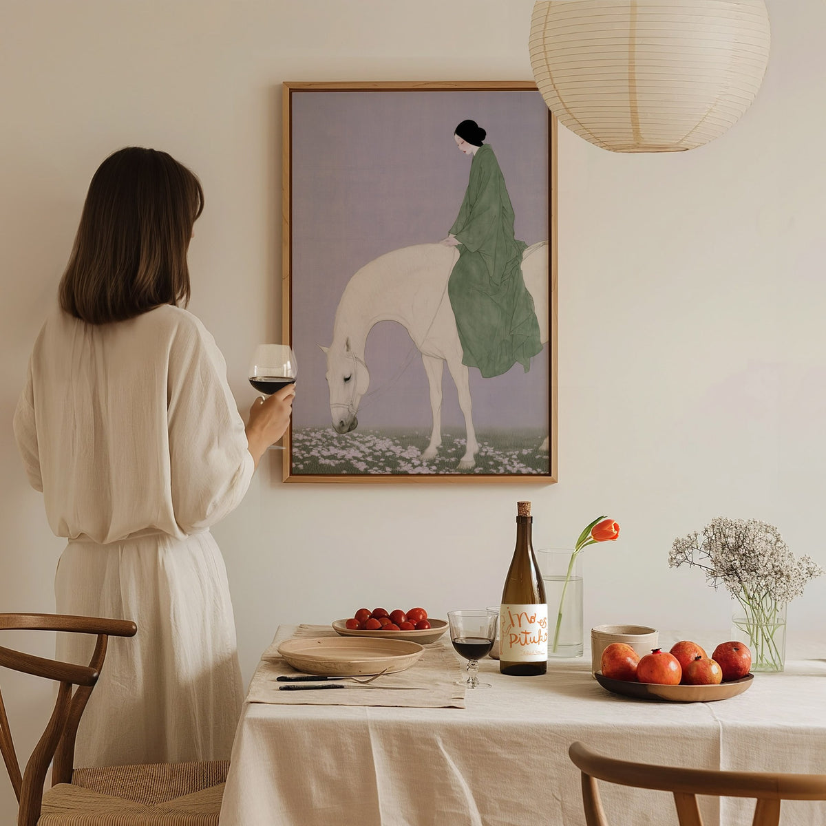 Lady Rides White Poster | Sage and Cream Japanese Watercolor Art Print | Minimalist Wall Art — styled in an interior