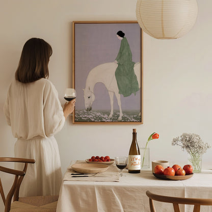 Lady Rides White Poster | Sage and Cream Japanese Watercolor Art Print | Minimalist Wall Art — styled in an interior
