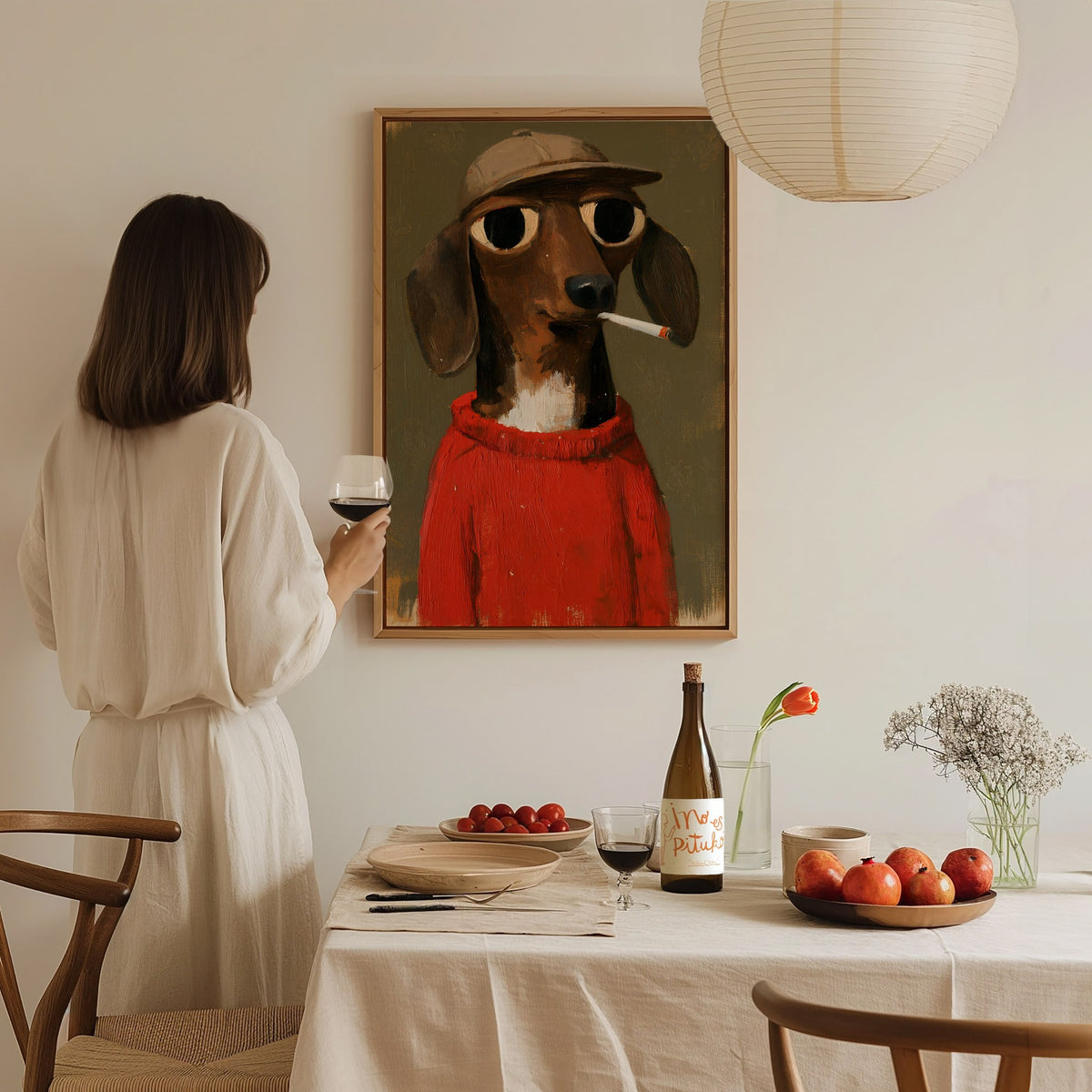 Dachshund In Red Poster | Red and Olive Oil Painting Art Print | Folk Art Wall Art — styled in an interior