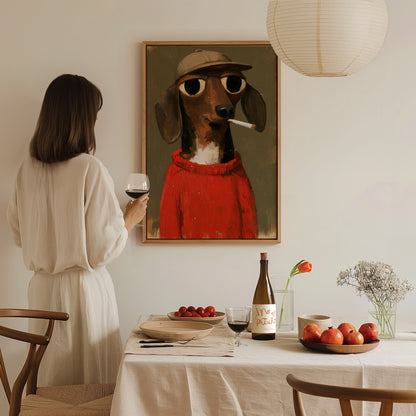 Dachshund In Red Poster | Red and Olive Oil Painting Art Print | Folk Art Wall Art — styled in an interior