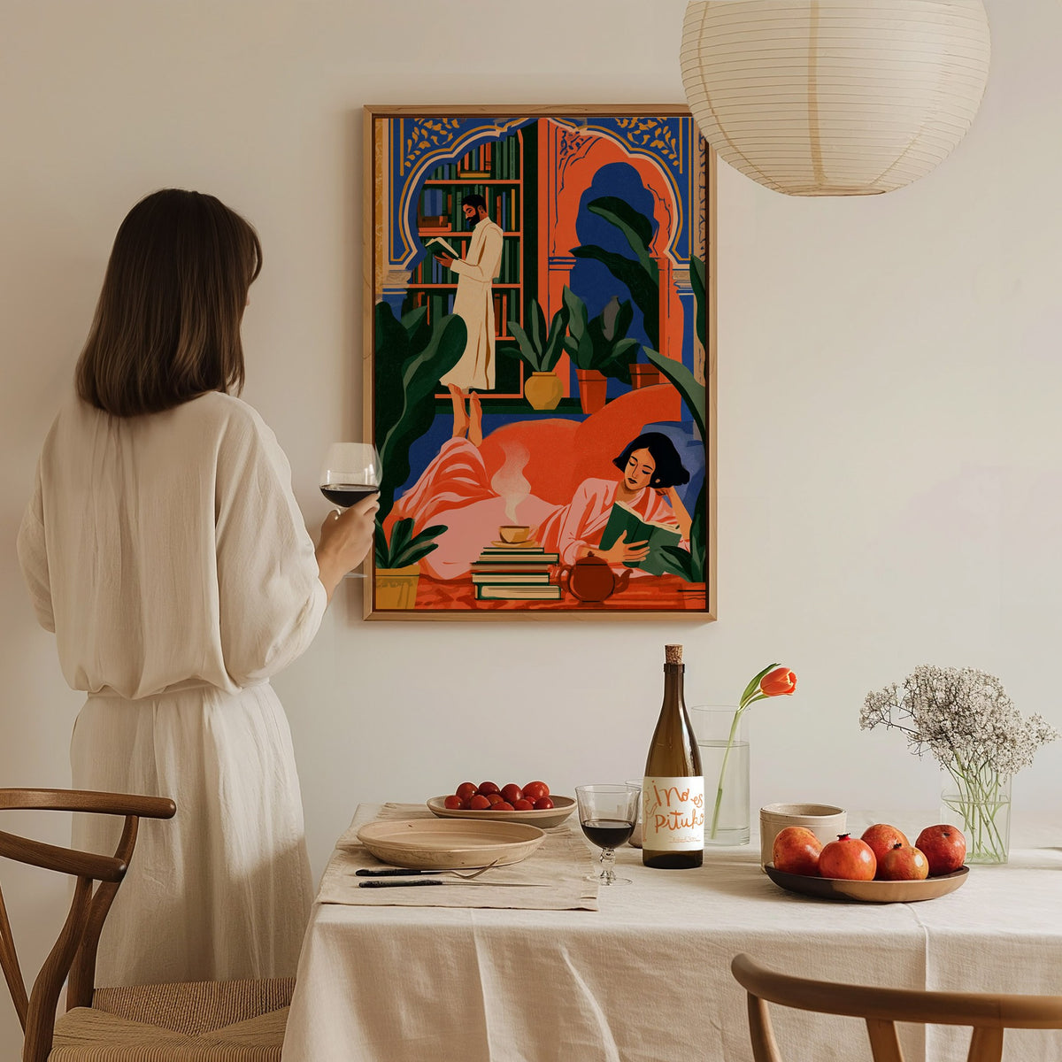 Library Readers Poster | Orange and Blue Illustrative Art Print | Literary Wall Art — styled in an interior
