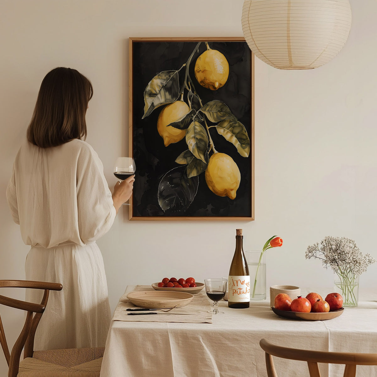 Three Lemons on Black Poster | Yellow and Black Japanese Watercolor Art Print | Kitchen Wall Art — styled in an interior