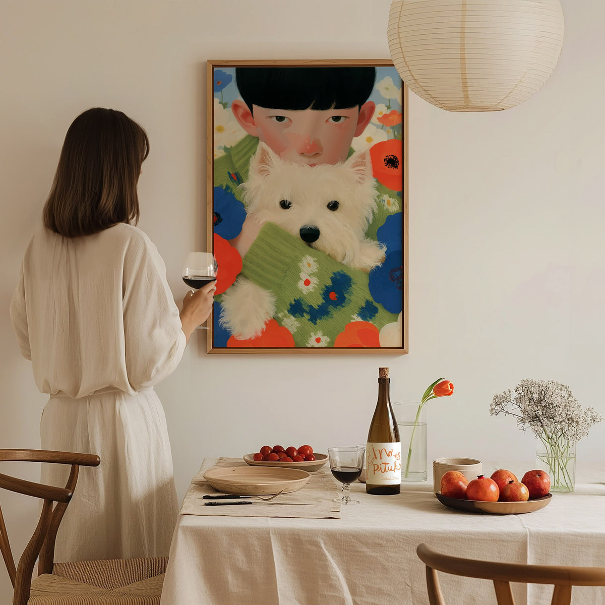 Boy With Westie Poster | Blue and Green Illustrative Art Print | Contemporary Wall Art — styled in an interior
