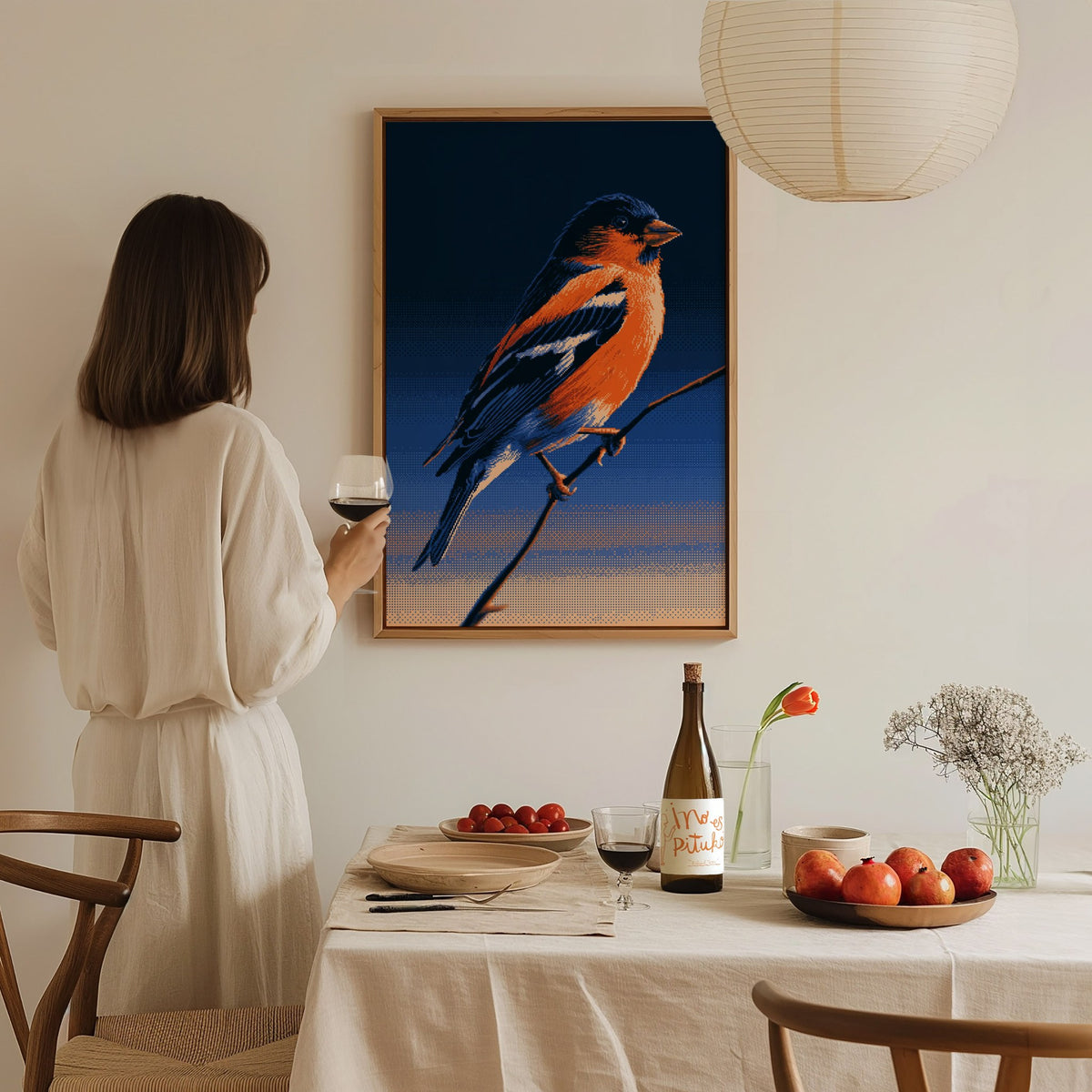 Bullfinch Burning Blue Poster | Navy and Orange Pixel Art Print | Retro Gaming Wall Art — styled in an interior