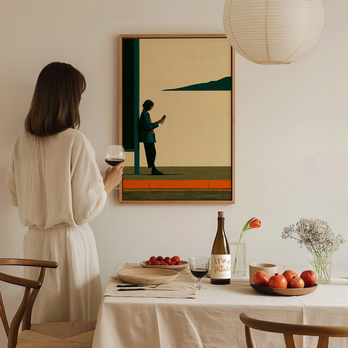 Woman Waits Morning Poster | Teal and Orange Illustrative Art Print | Urban Minimalist Wall Art — styled in an interior