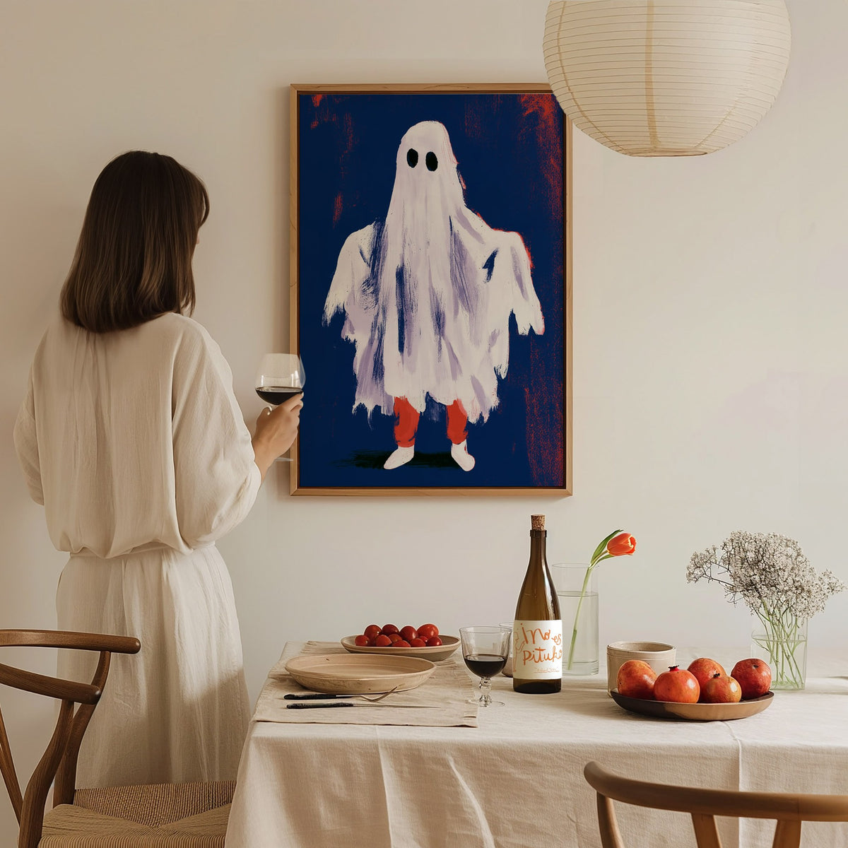 Ghost Stands Still Poster | Navy and Coral Illustrative Art Print | Kids Room Wall Art — styled in an interior