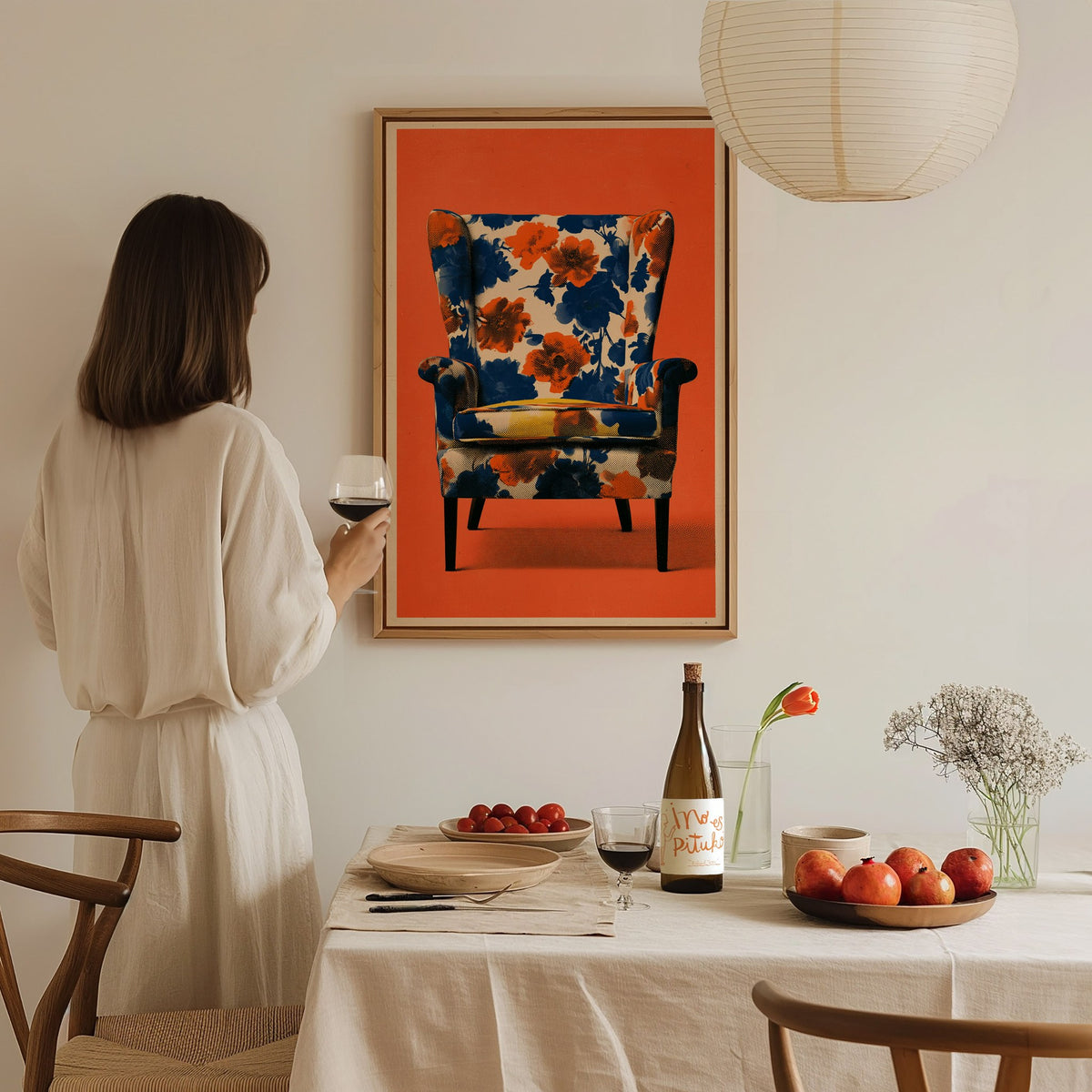 Armchair Blooms Poster | Cobalt and Coral Screen Print Art Print | Mid-Century Wall Art — styled in an interior