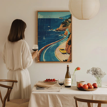 Coastal Drive Poster | Cobalt and Coral Watercolor Art Print | Coastal Wall Art — styled in an interior