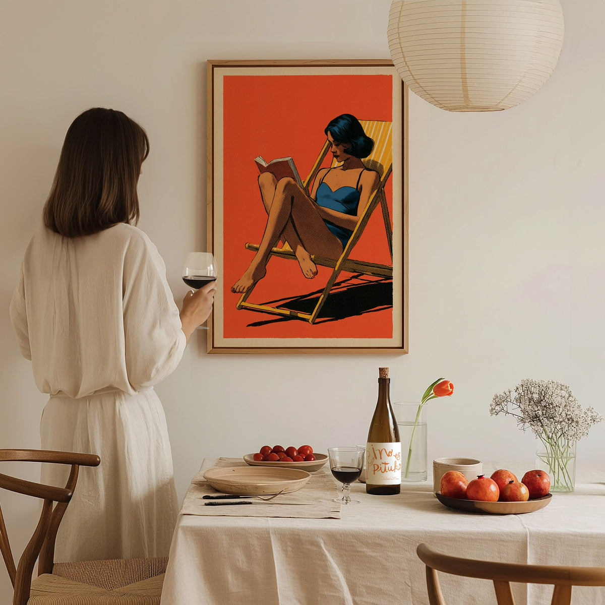 Deck Chair Reader Poster | Yellow Blue Coral Screen Print Art Print | Beach House Wall Art — styled in an interior