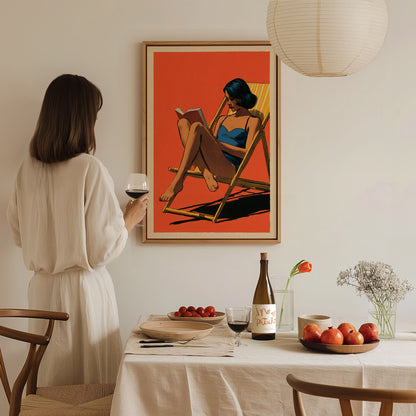 Deck Chair Reader Poster | Yellow Blue Coral Screen Print Art Print | Beach House Wall Art — styled in an interior
