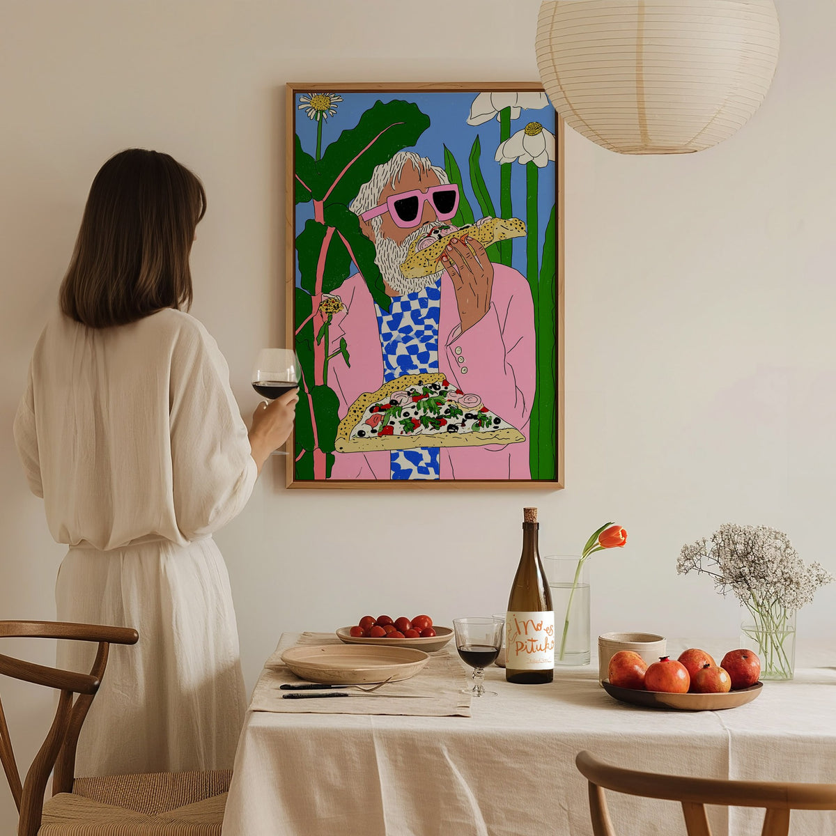 Pizza Garden Poster | Pink and Sky Illustrative Art Print | Surreal Kitchen Wall Art — styled in an interior