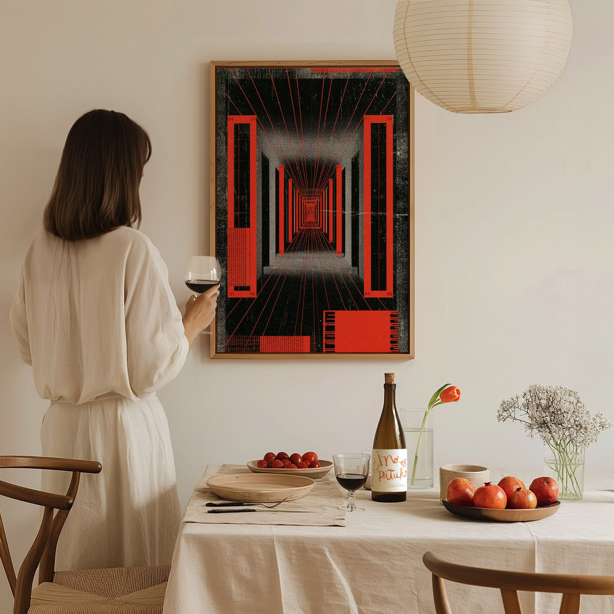 Corridor Radiates Red Poster | Red and Black Screen Print Art Print | Brutalist Wall Art — styled in an interior