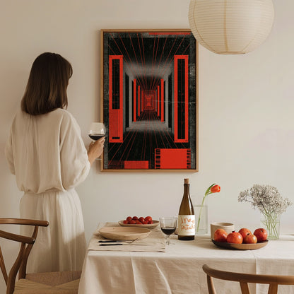 Corridor Radiates Red Poster | Red and Black Screen Print Art Print | Brutalist Wall Art — styled in an interior