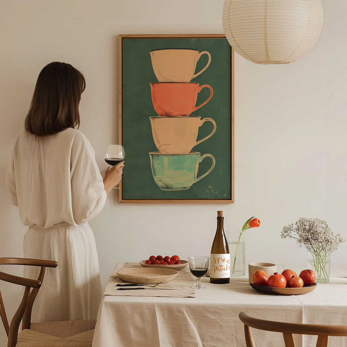Stacked Teacups Poster | Coral and Teal Screen Print Art Print | Kitchen Wall Art — styled in an interior