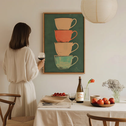 Stacked Teacups Poster | Coral and Teal Screen Print Art Print | Kitchen Wall Art — styled in an interior