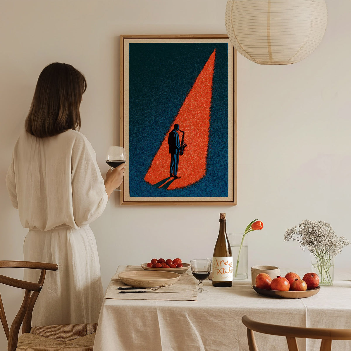 Spotlight Finds Him Poster | Teal and Coral Screen Print Art Print | Jazz Lover Wall Art — styled in an interior