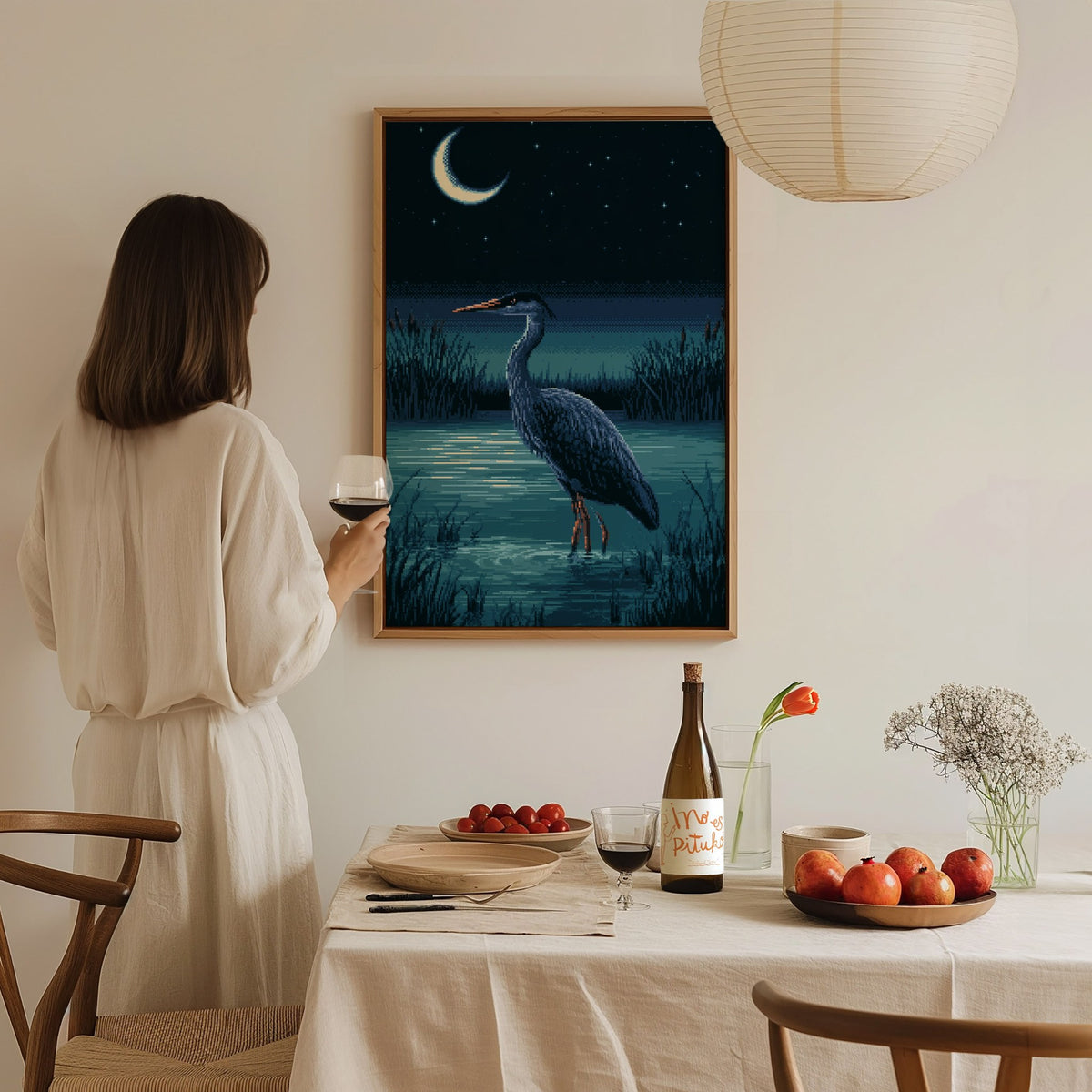 Heron Finds Moonlight Poster | Teal and Navy Pixel Art Print | Retro Gaming Wall Art — styled in an interior