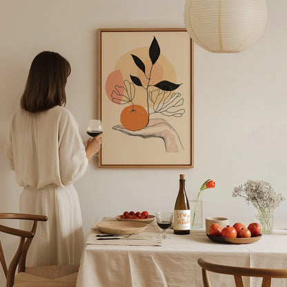 Hand Holds Peach Poster | Peach and Coral Minimalism Art Print | Minimalist Kitchen Wall Art — styled in an interior