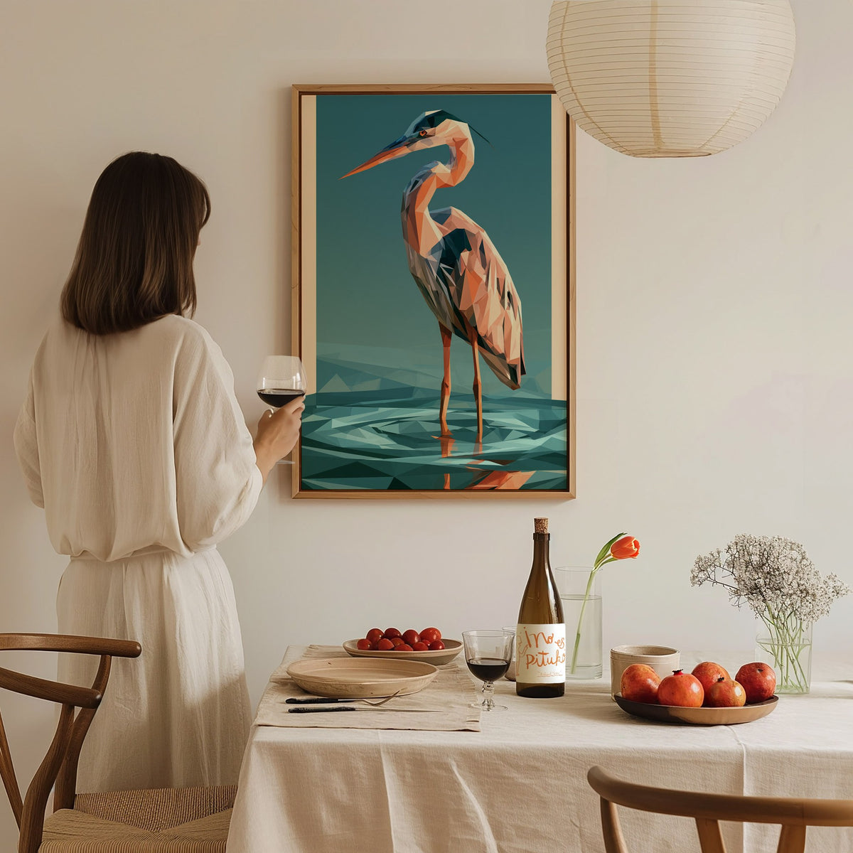 Heron Stands Lagoon Poster | Teal and Orange Low Poly Art Print | Modern Minimalist Wall Art — styled in an interior