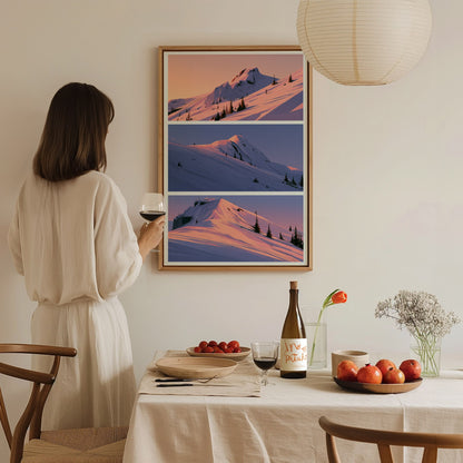 Mountain Waits Dusk Poster | Peach and Lavender Illustrative Art Print | Alpine Minimalist Wall Art — styled in an interior