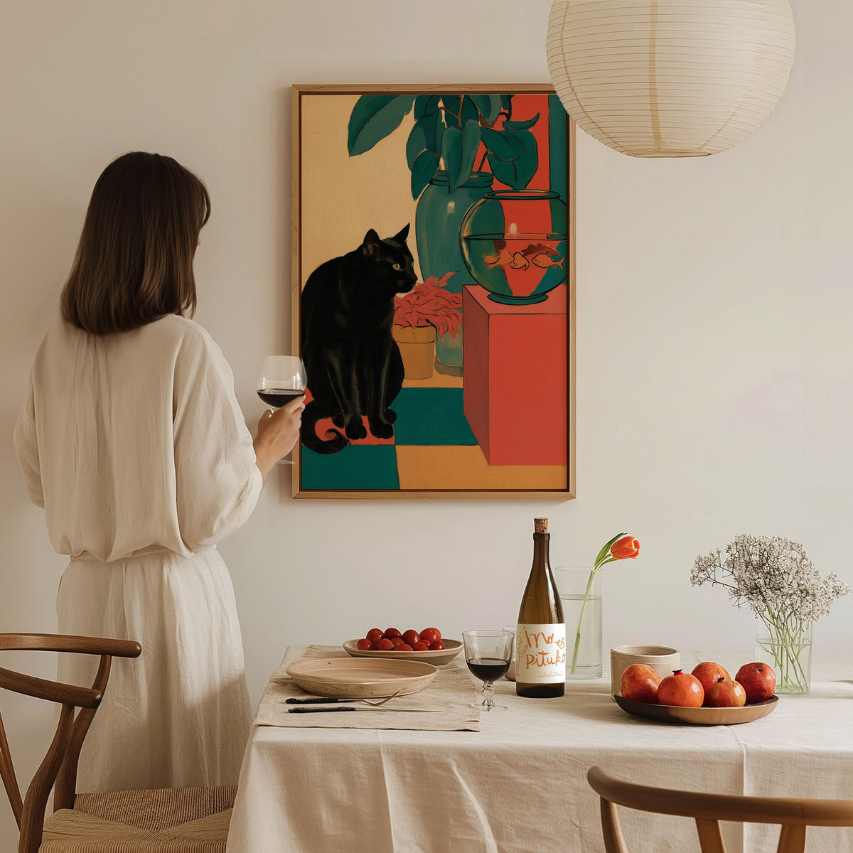 cat-and-goldfish Poster | Coral and Teal Matisse Style Art Print | Modern Home Wall Art — styled in an interior