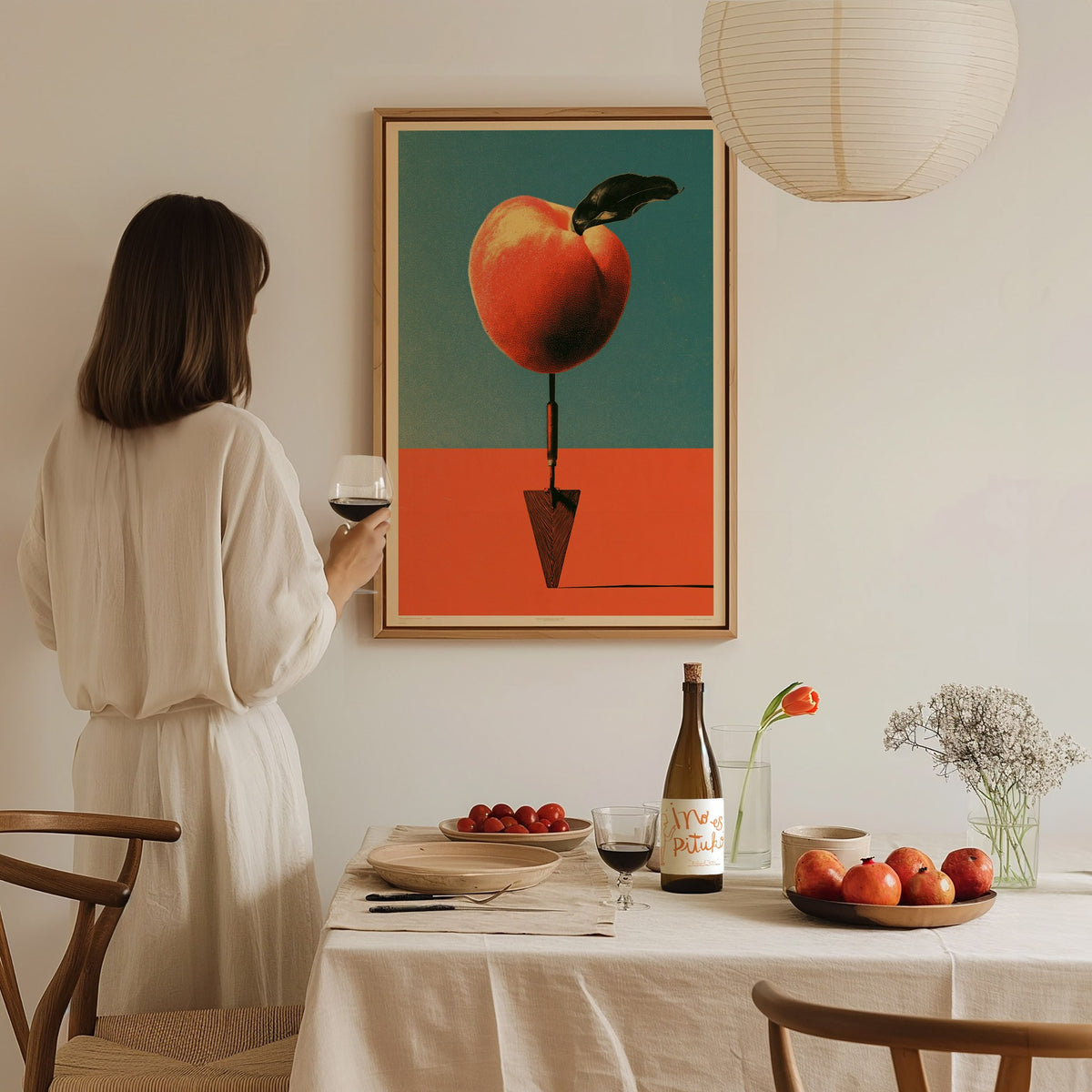 Trowel and Peach Poster | Teal and Orange Screen Print Art Print | Kitchen Wall Art — styled in an interior