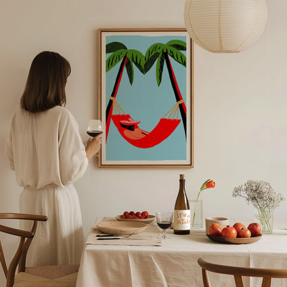 Hammock Afternoon Poster | Blue and Emerald Screen Print Art Print | Tropical Wall Art — styled in an interior
