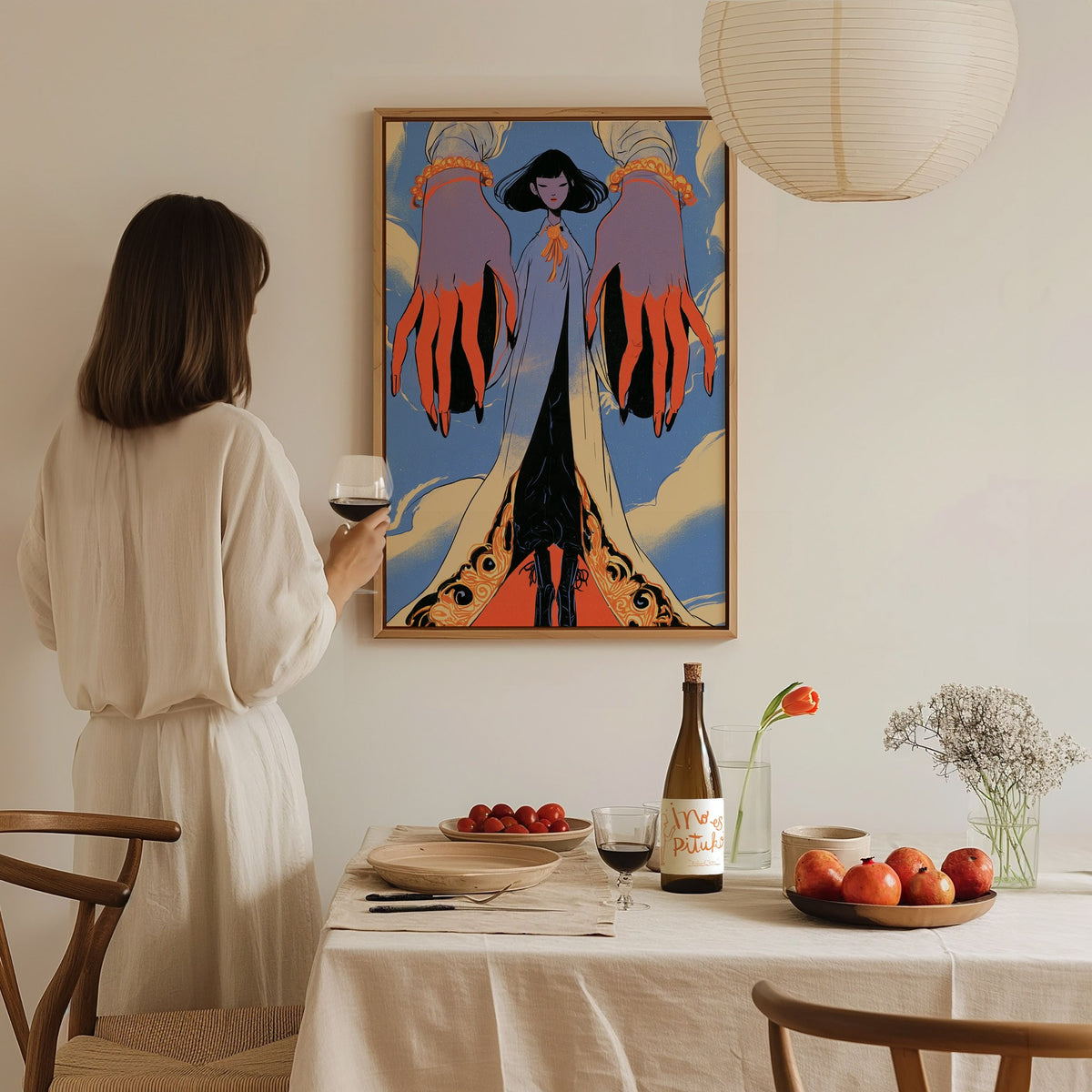 Figure Between Hands Poster | Coral and Periwinkle Illustrative Art Print | Art Deco Wall Art — styled in an interior