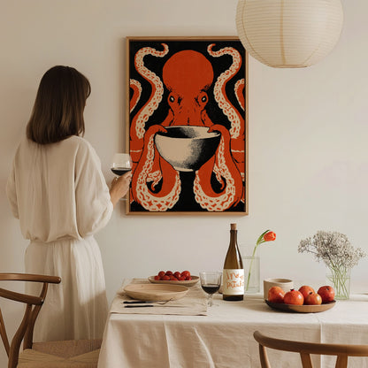 Breakfast Octopus Poster | Cream and Rust Screen Print Art Print | Kitchen Wall Art — styled in an interior