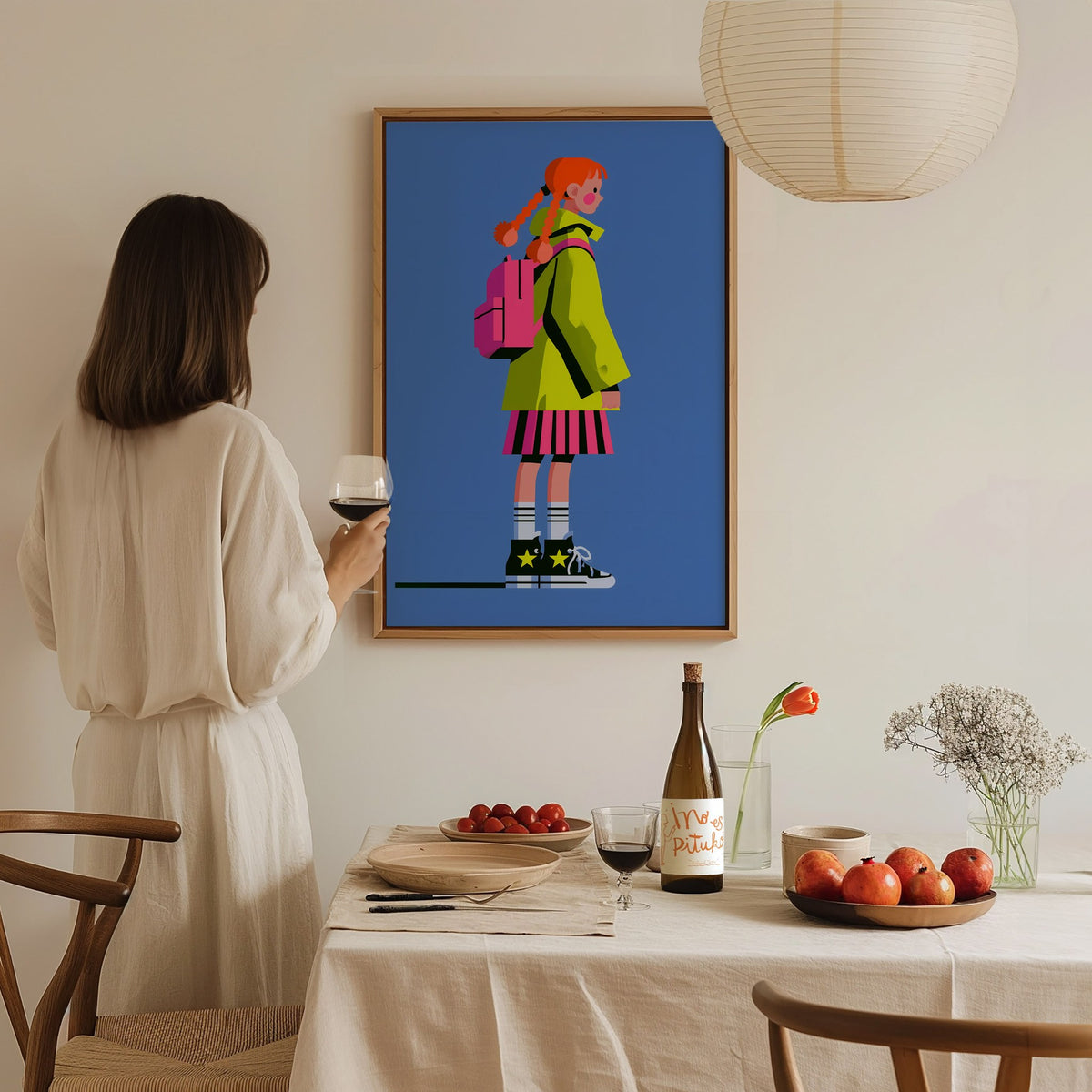 Girl in Green Hat Poster | Neon Brights Flat Design Art Print | Kids Room Wall Art — styled in an interior