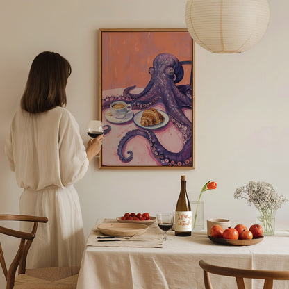 Breakfast Octopus Poster | Purple and Coral Illustrative Art Print | Kitchen Wall Art — styled in an interior