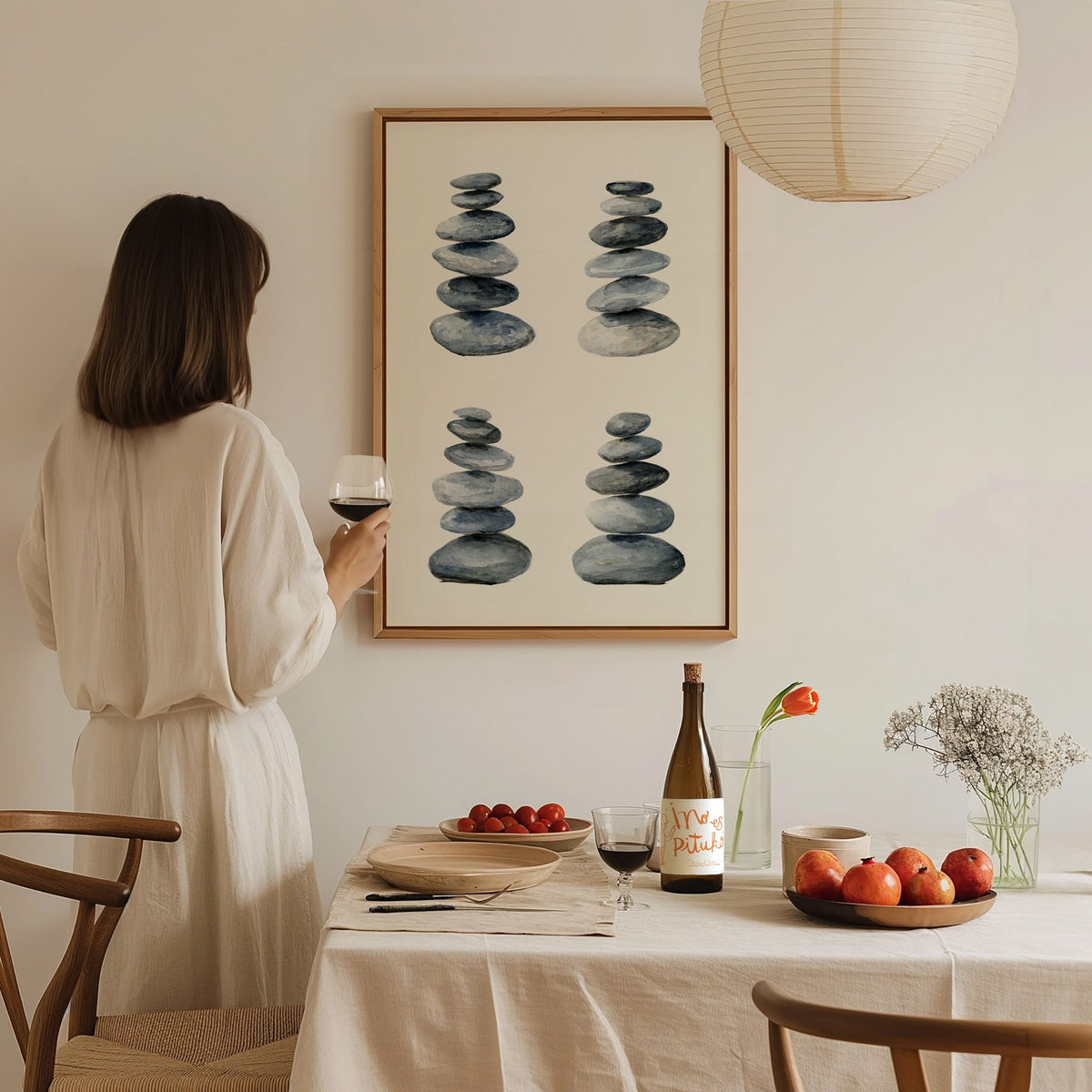 Four Stone Arrangements Poster | Gray and Blue-Gray Japanese Watercolor Art Print | Minimalist Wall Art — styled in an interi