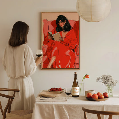 Woman Reading In Red Poster | Coral and Pink Illustrative Art Print | Quiet Interiors Wall Art — styled in an interior